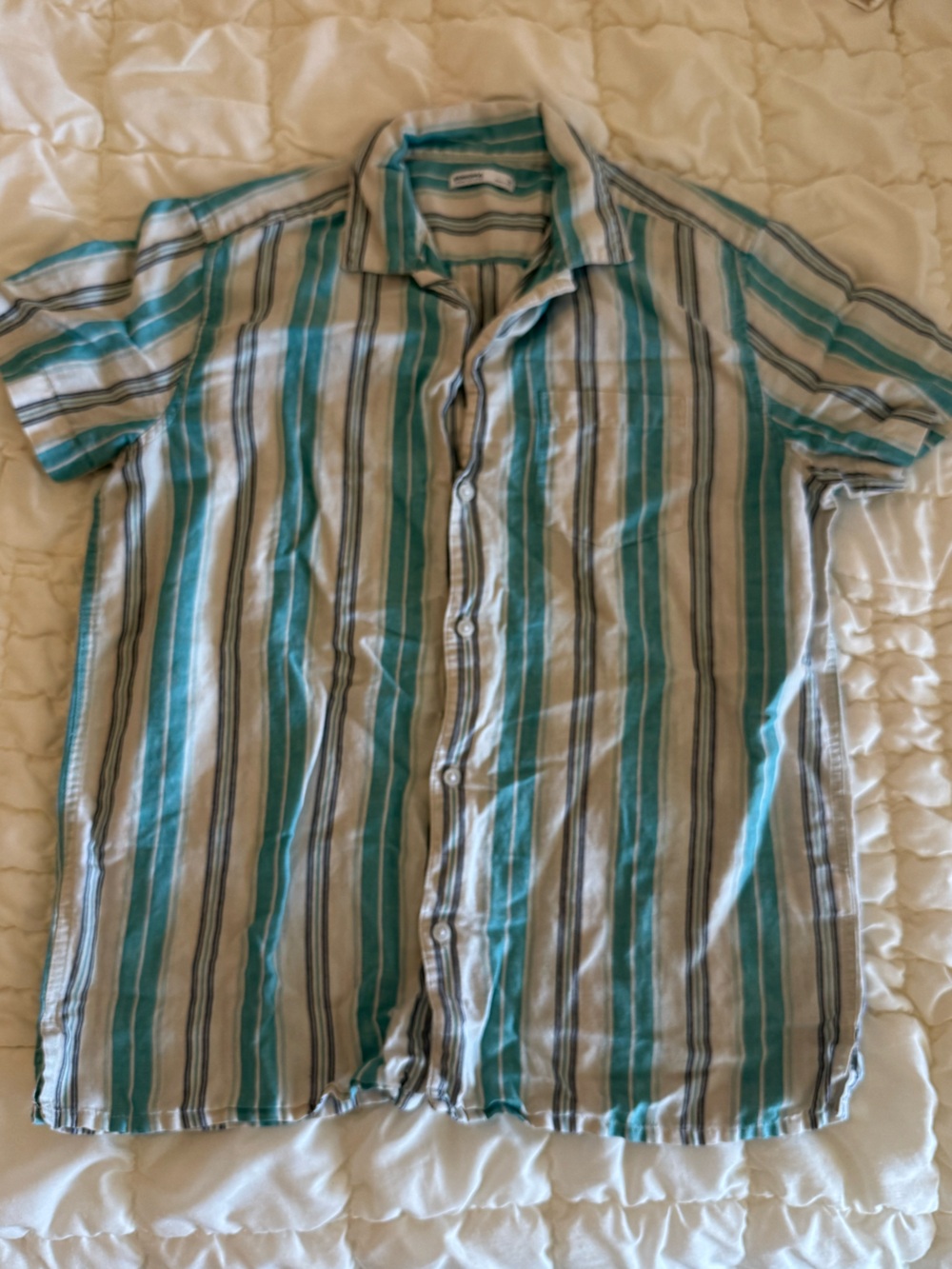 Sonoma Teal, White, and Gray Striped Short Sleeve Button-Up Shirt